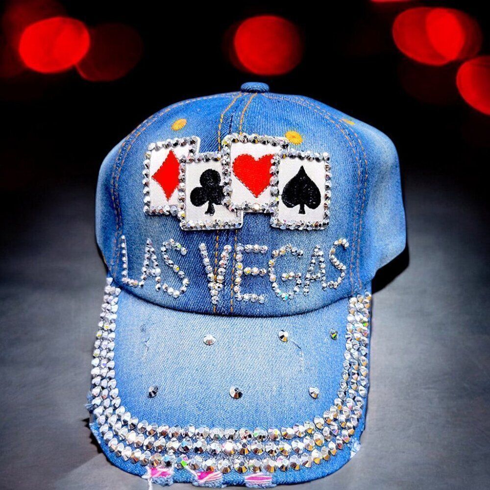 Las Vegas rhinestones poker cards distressed blue cap hat